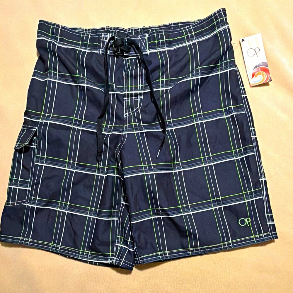 OP E-Board Men's Plaid Board Shorts L Black Green White Drawstring Lined Pockets